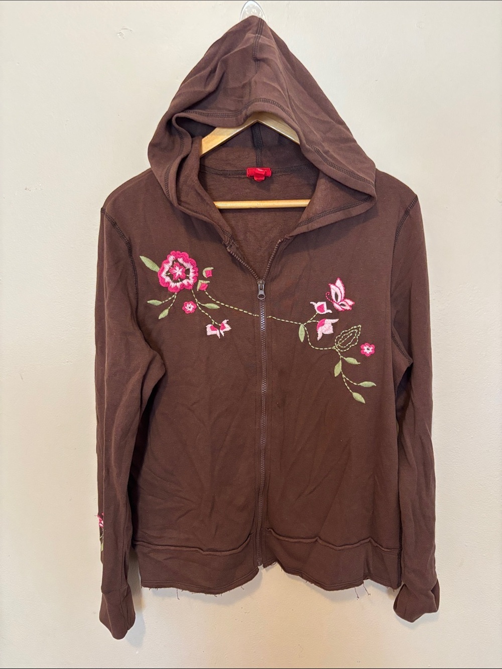 Brown Hooded Zip-Up Sweatshirt with Pink Floral Embroidery